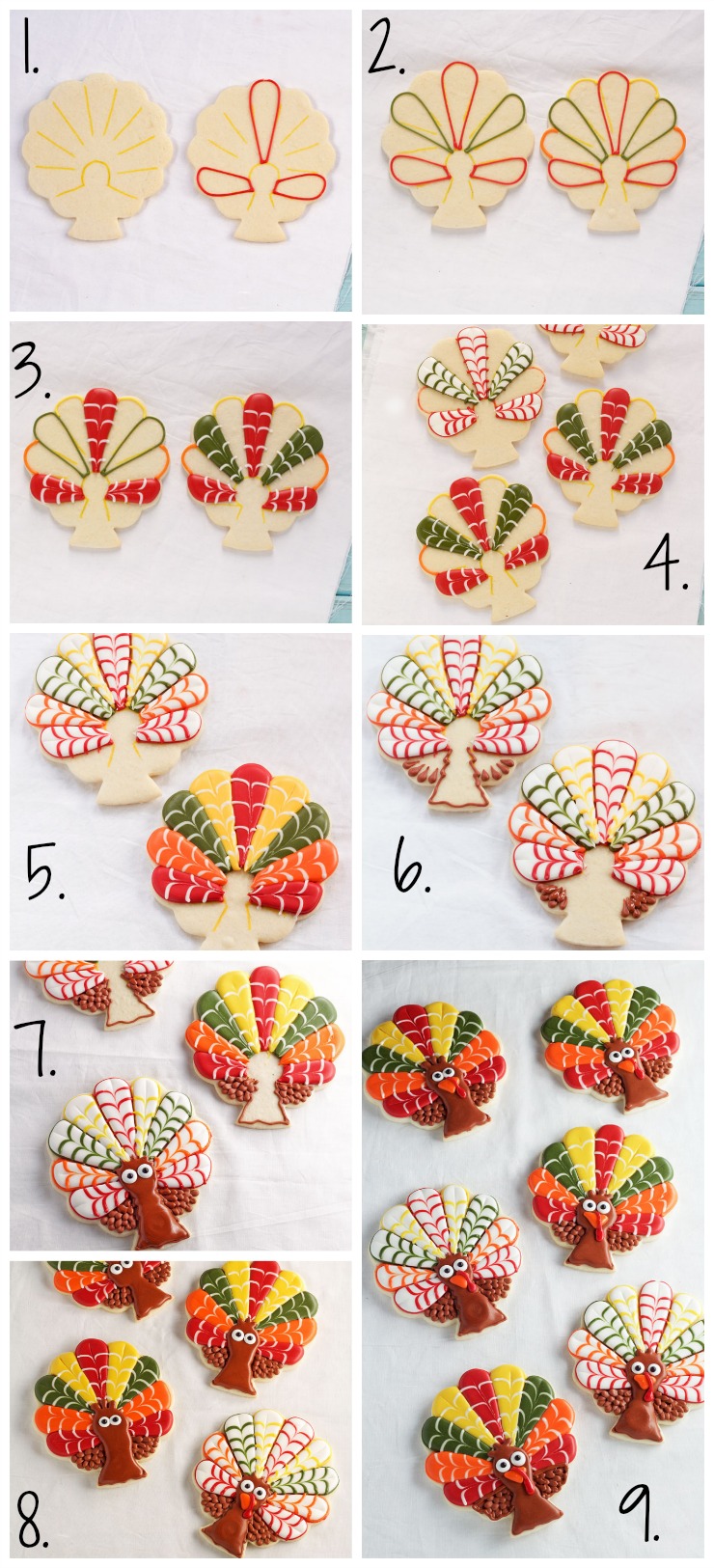 Decorated Turkey Cookies - These Sugar Cookies are Decorated with Royal Icing and they are cut with a Tree Cookie Cutter with thebearfootbaker.com