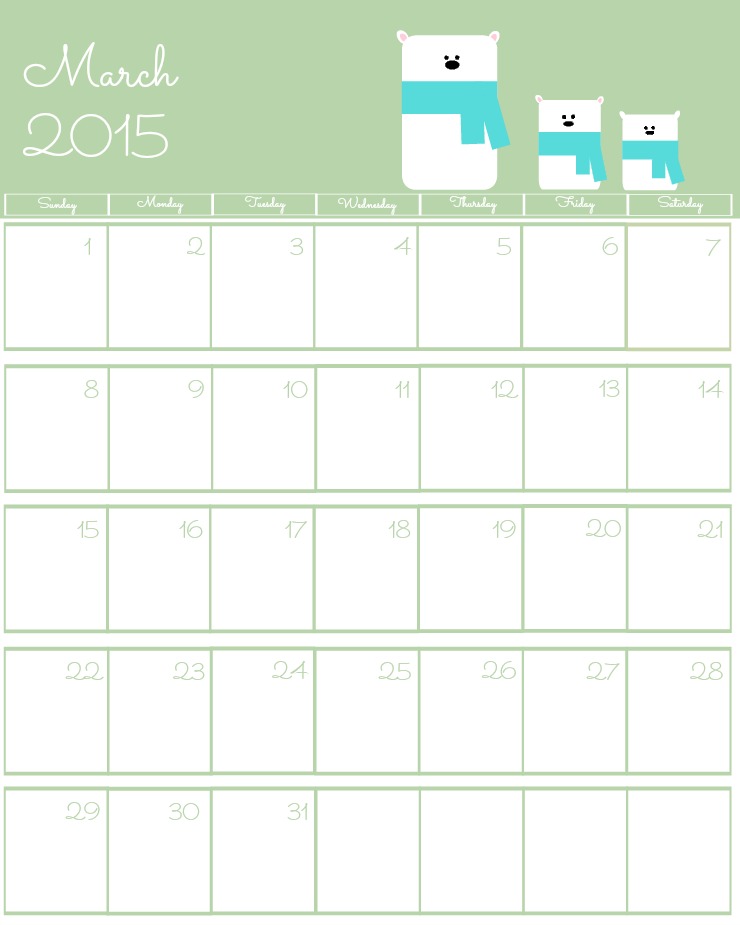 Free 2015 Printable Calendar March via www.thebearfootbaker.com
