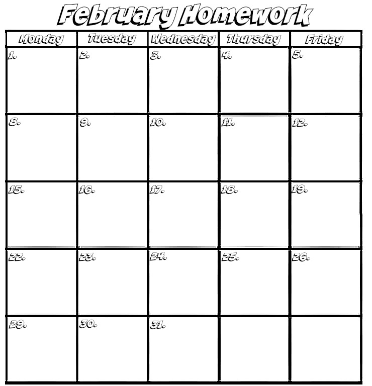February 2016 Homework Calendar | The Bearfoot Baker
