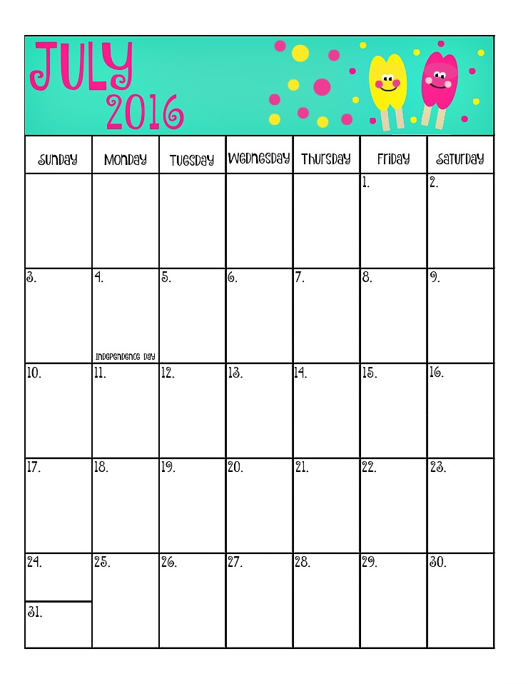July's Free 2016 Calendar | The Bearfoot Baker
