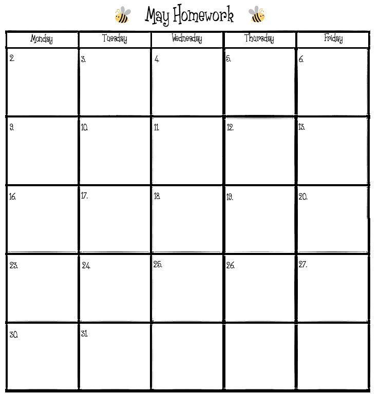 May 2016 Homework Calendar | The Bearfoot Baker
