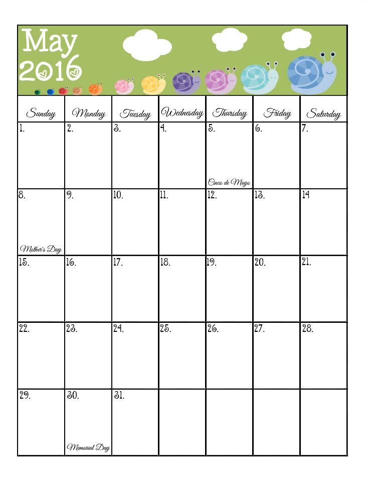 May Free 2016 Calendar | The Bearfoot Baker