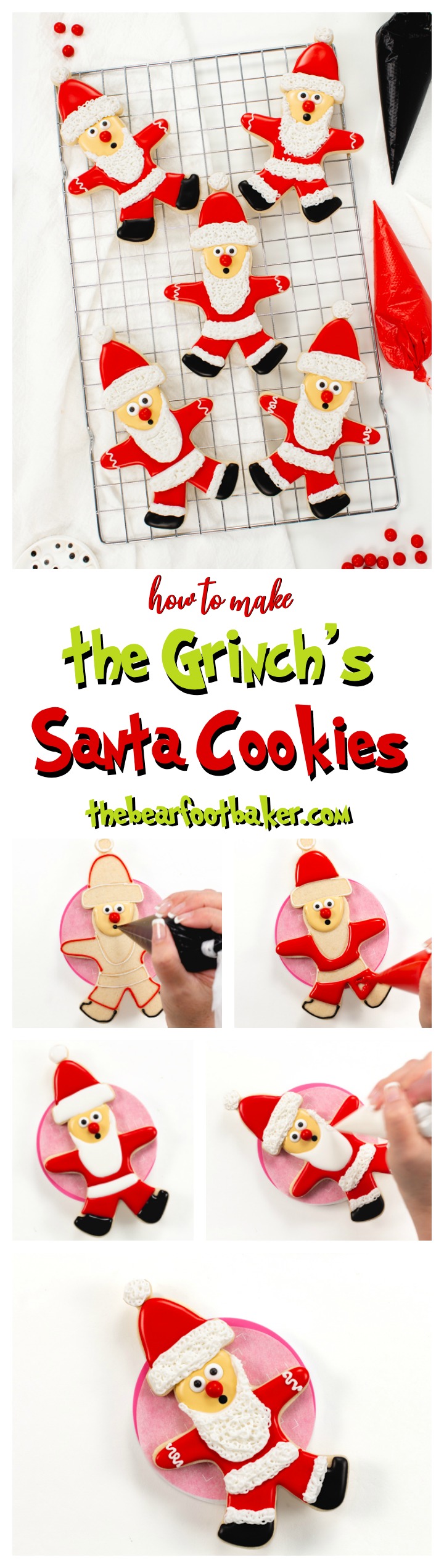 The Grinch, Grinch Santa Cookies, Christmas Cookies, Santa Cookie, Cookie Tutorial, Sugar Cookie Tutorial, Royal Icing
