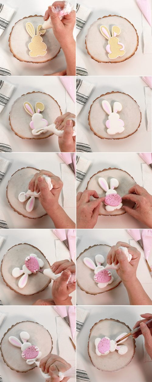Bunny Holding an egg cookie cutter, bunny bottom cookies, The Bearfoot Baker, sugar cookies, royal icing, Easter Cookies